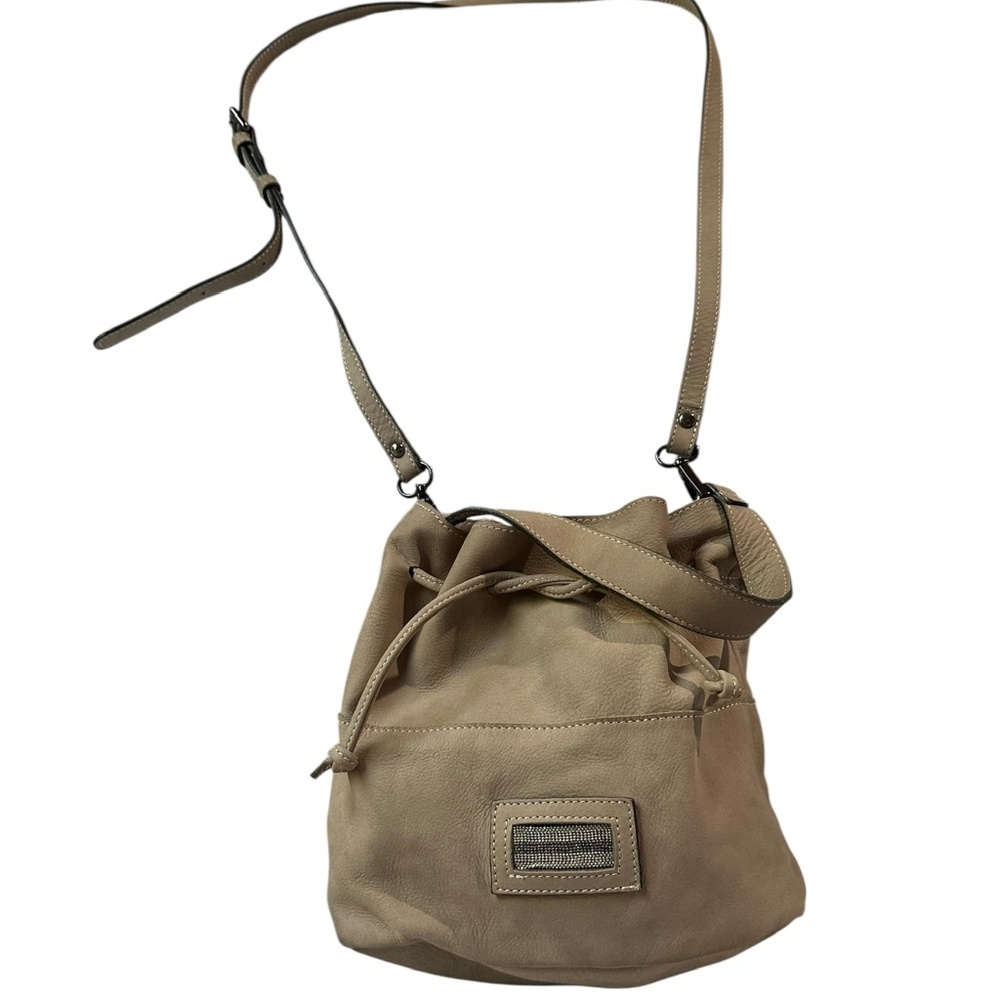 Genuine PESERICO Light Taupe Nubuck Leather Drawstring Bucket Crossbody Bag